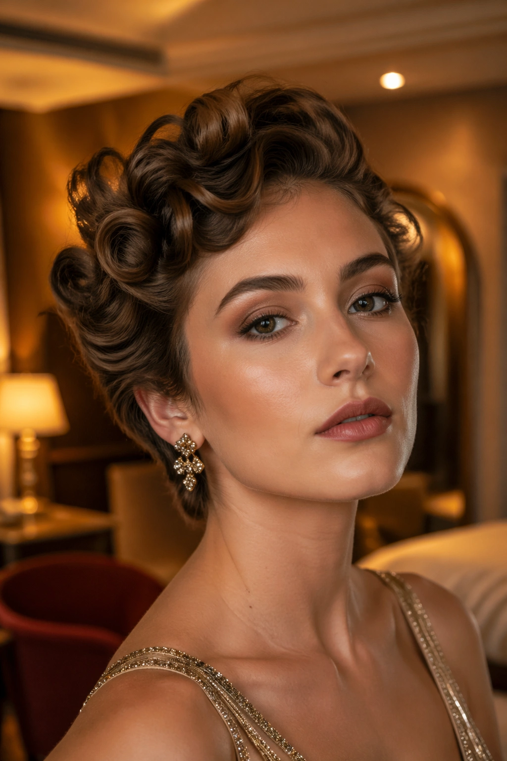 Close-up of a real woman wearing curls pinned into a crown on top of her head