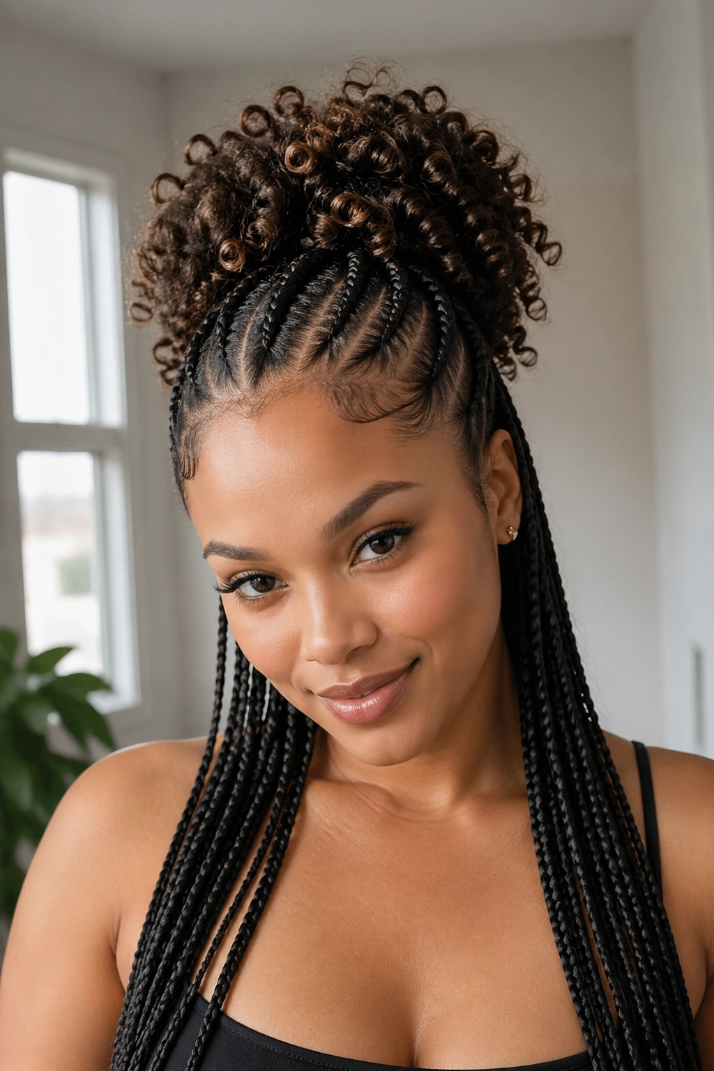 Frontal portrait of a real woman with curled crown and straight-length cornrows