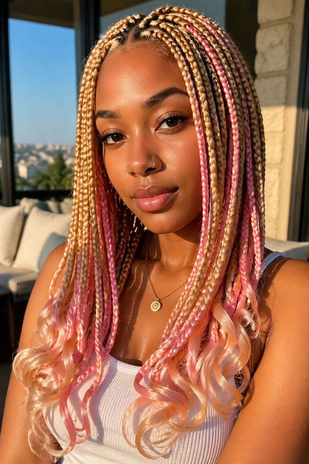 Close-up of curled-end blonde and pink box braids on a real woman