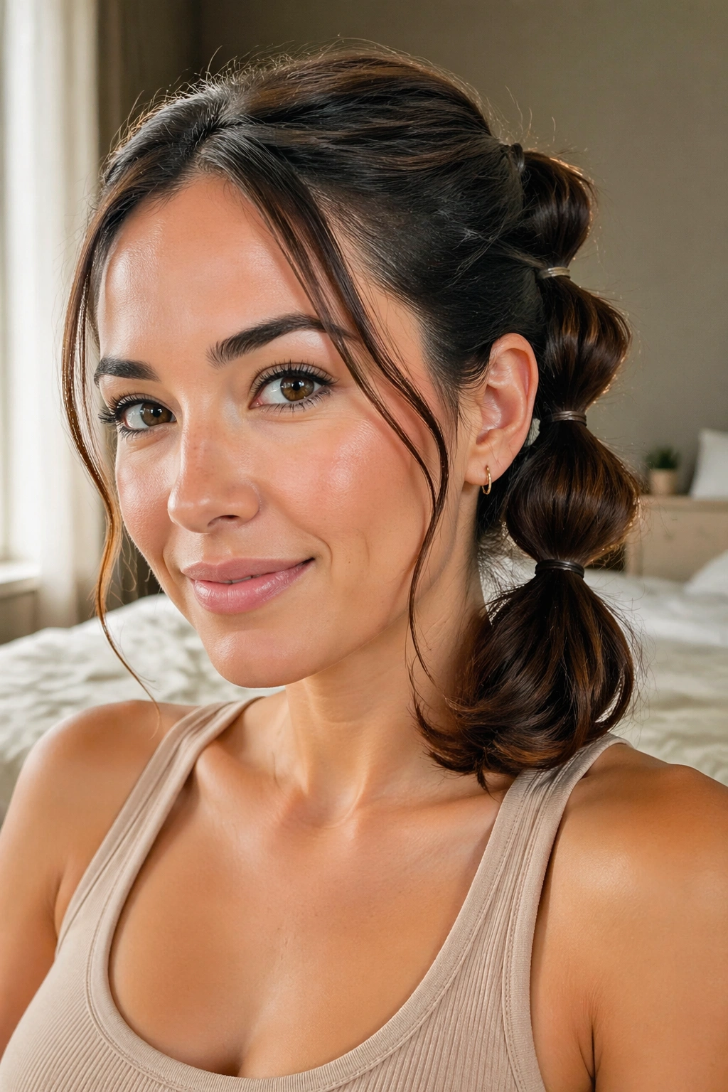 Close-up of a real woman with curled-end bubble ponytail on short hair in warm bedroom light