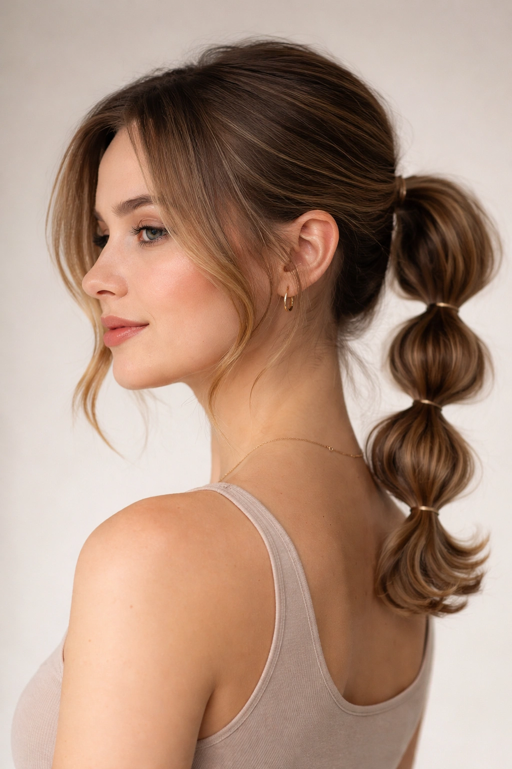 Curled-end bubble ponytail with curled ends on short hair, close-up.