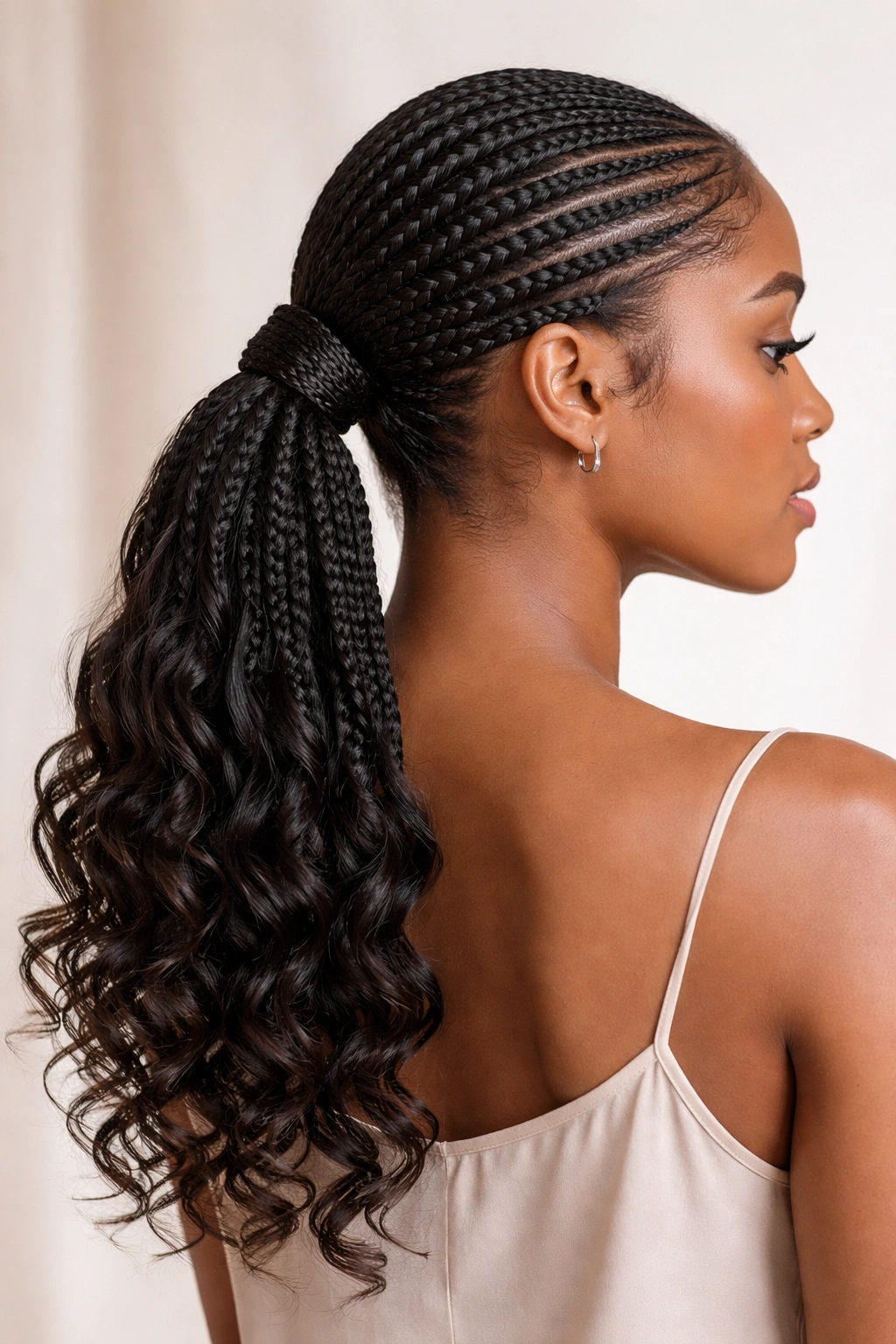 Close-up of a low knotless braid ponytail with curled ends
