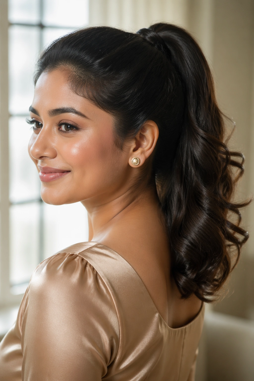Real woman with a high ponytail and curled ends for a dressy look.