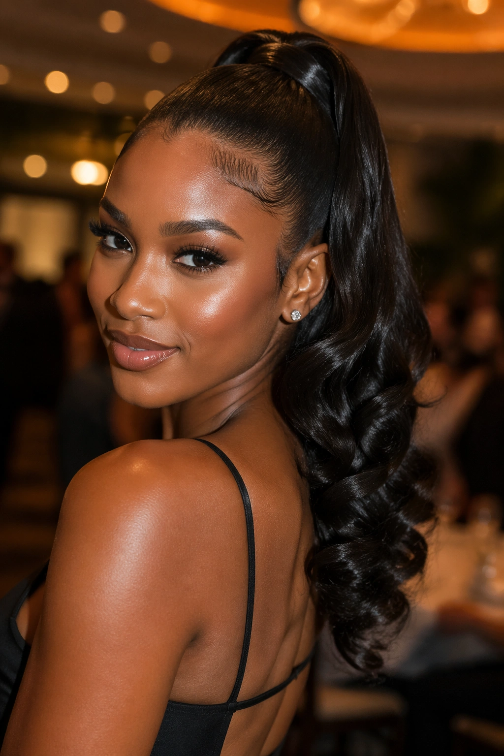 Black woman with high ponytail ending in curls under warm lighting