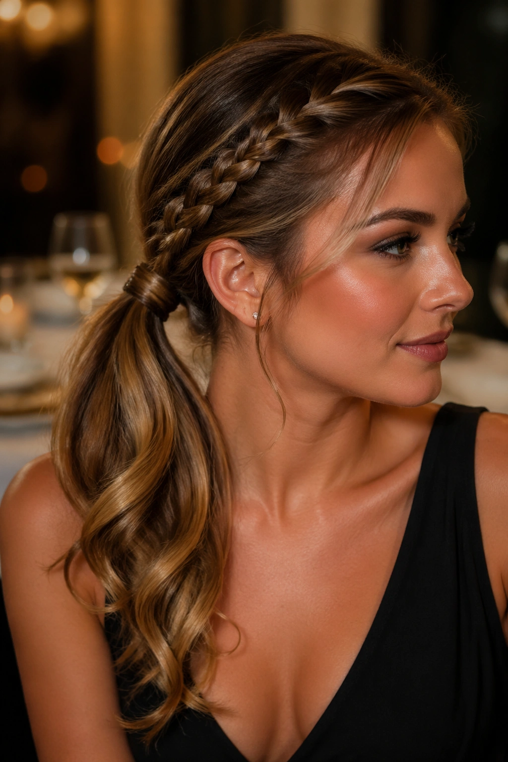 Close-up of a real woman with a side braid ending in curled ends into a ponytail