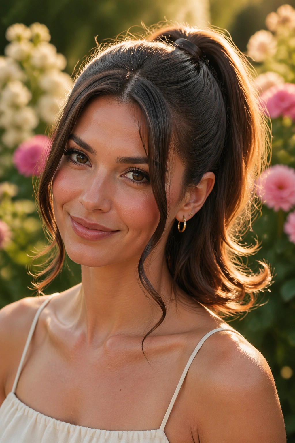 Real woman with swoops and curled end double swoop ponytail