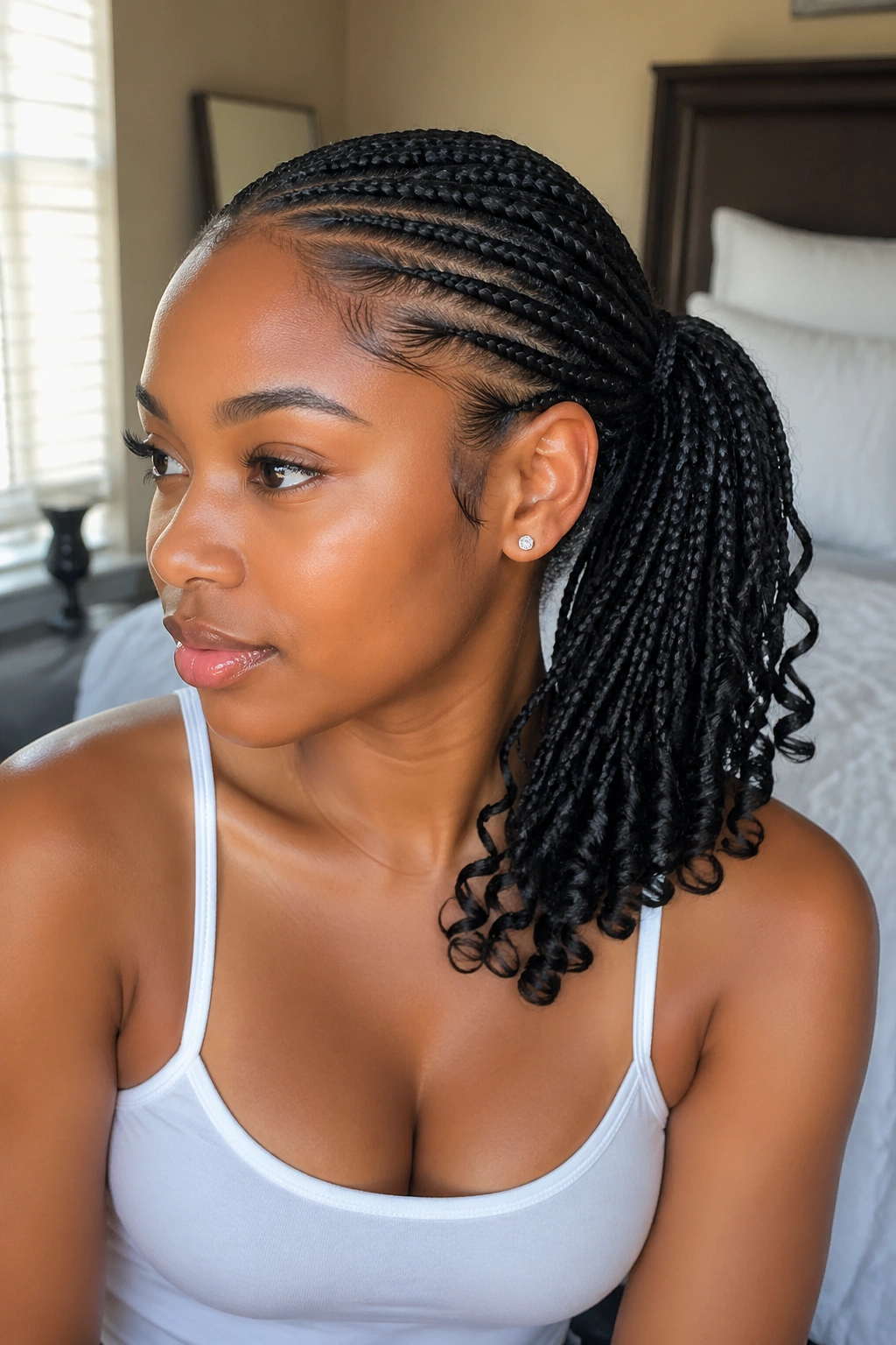 Close-up of a real woman's hair in curled-ends knotless braided mid ponytail with curled tail
