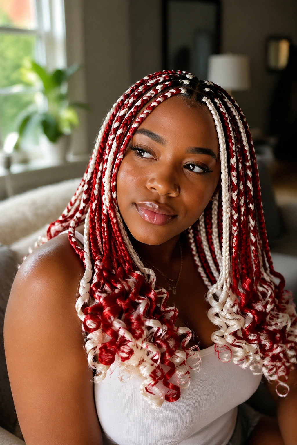 Close-up of a real woman with curled ends on red and white box braids