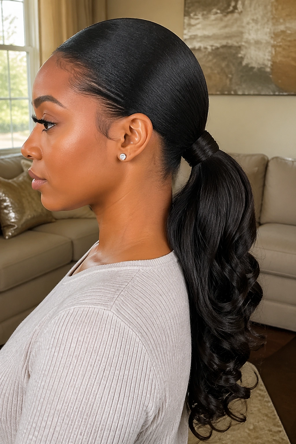 Close-up of a real woman's sleek crown with curled ends on a low weave ponytail.