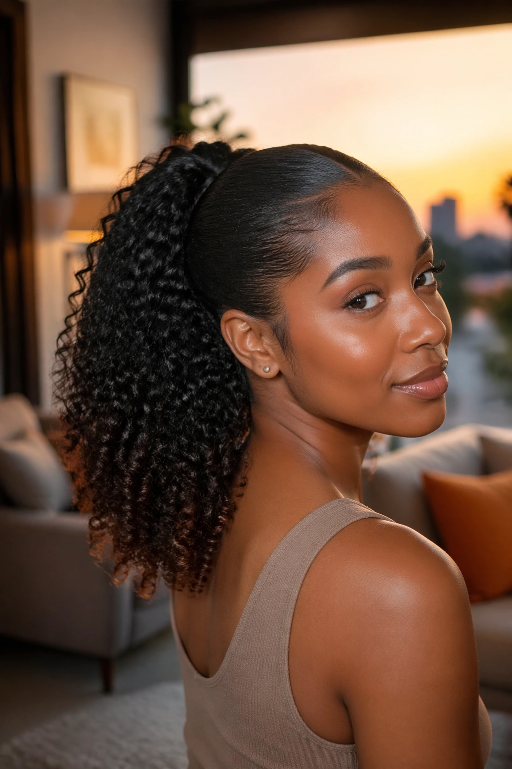 Three-quarter view of ponytail with curled ends on a real woman with 4A hair