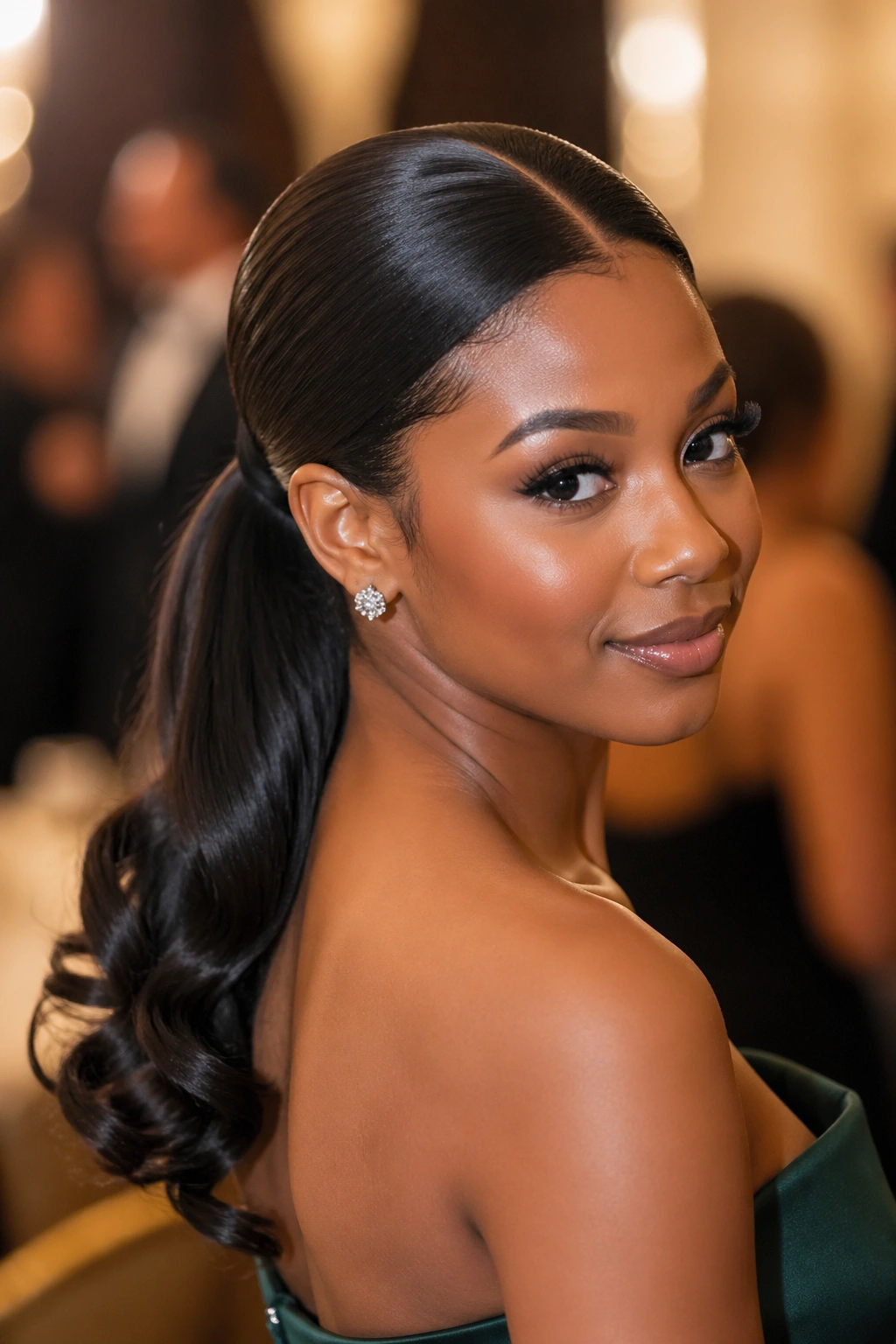 Close-up of a real Black woman with curled ends center part ponytail