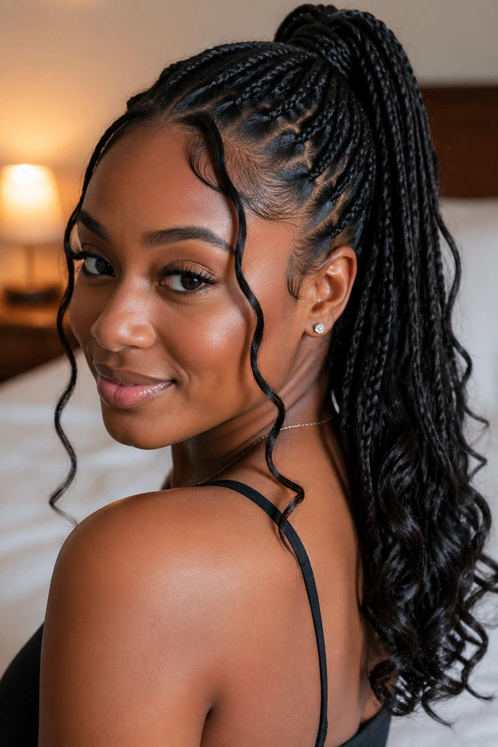 Close-up of a real woman with curled ends on box braids ponytail.