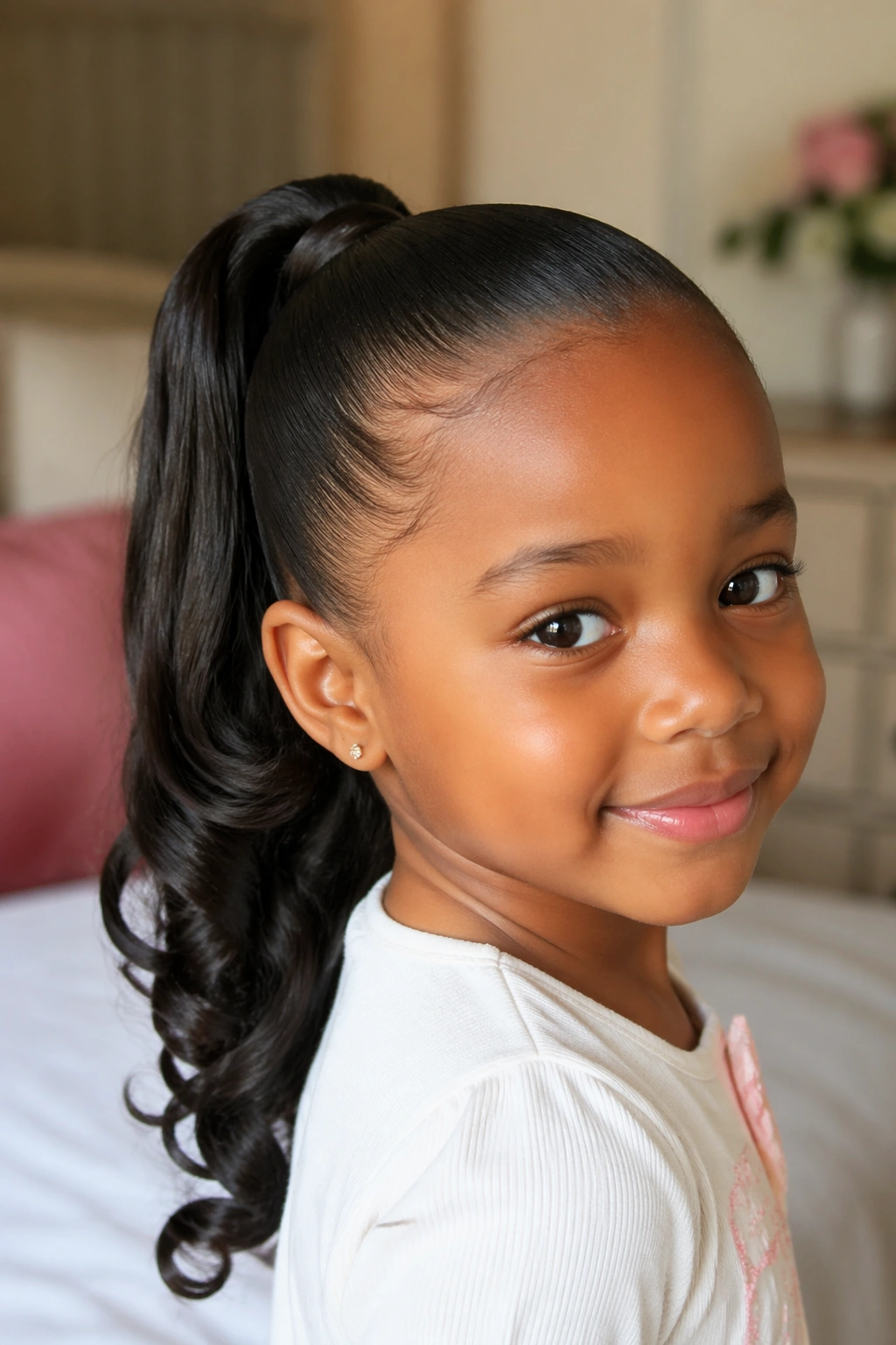 Close-up of a child with curled-ends sleek ponytail in warm window light