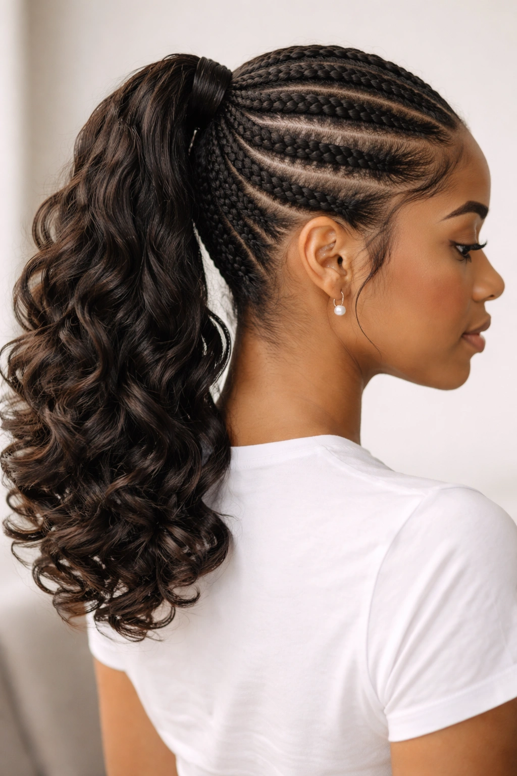 Stitch braid ponytail with curled ends that add movement.