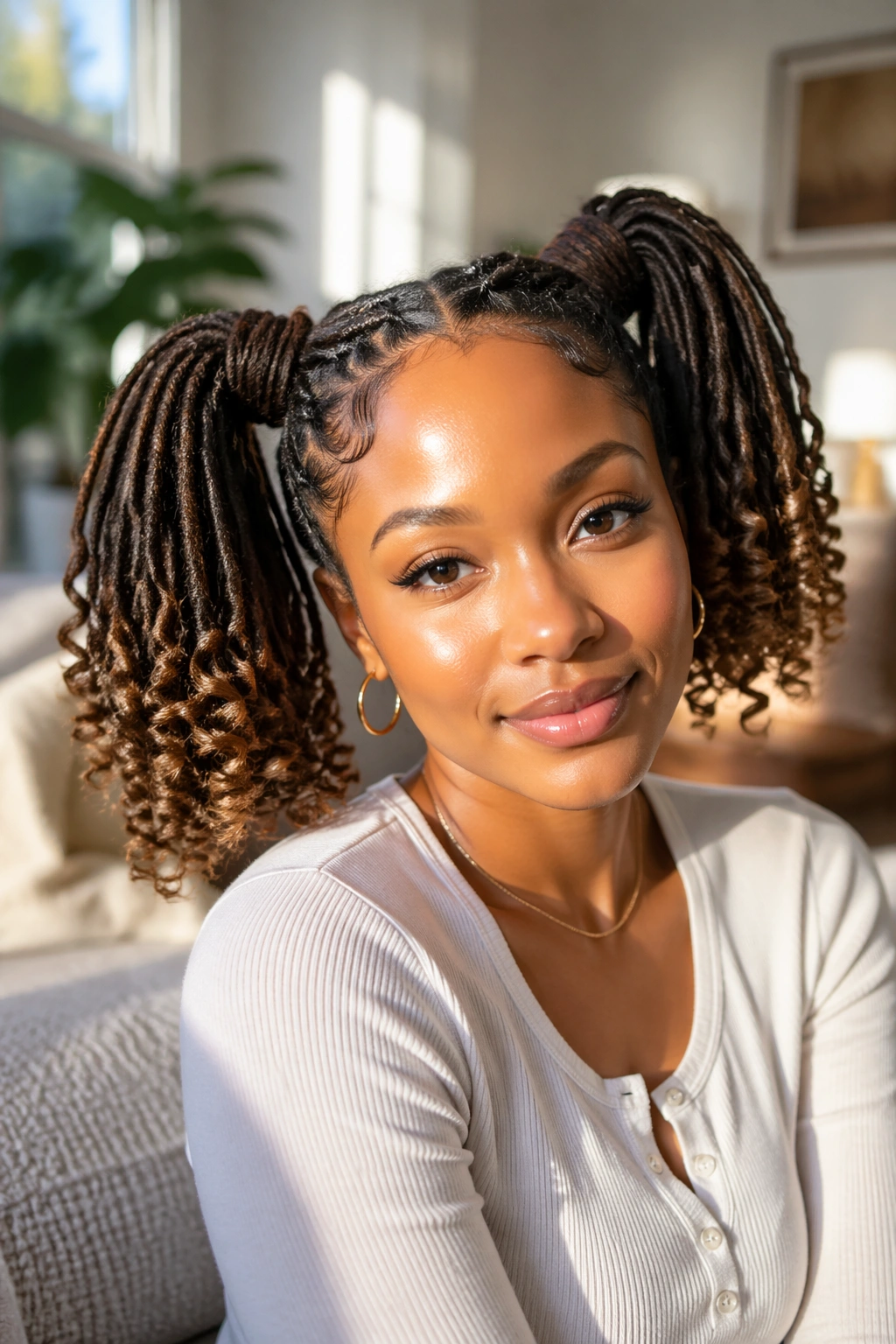 Real person with double ponytails featuring curled ends in a sunlit living room