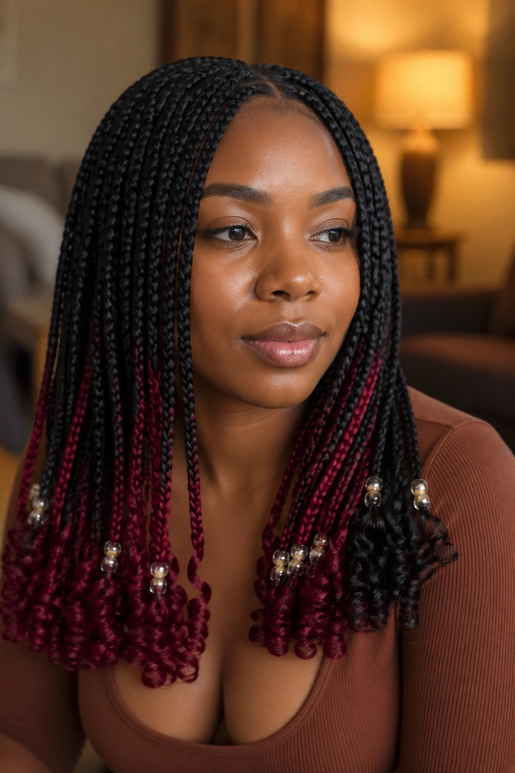 Real woman with curled-end box braids showing ruby panels and light beads