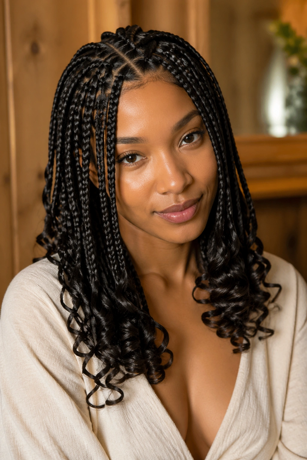 Close-up of triangle-part braids with curled ends softening the look