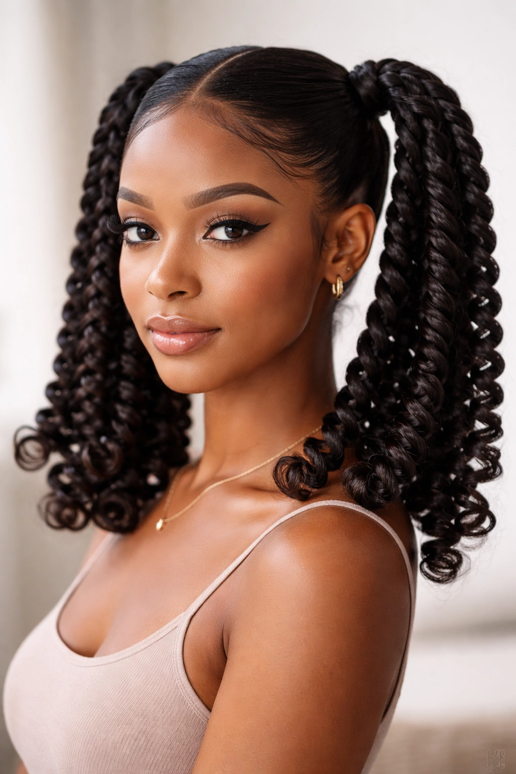 Twist double ponytails with curled ends and defined ringlets