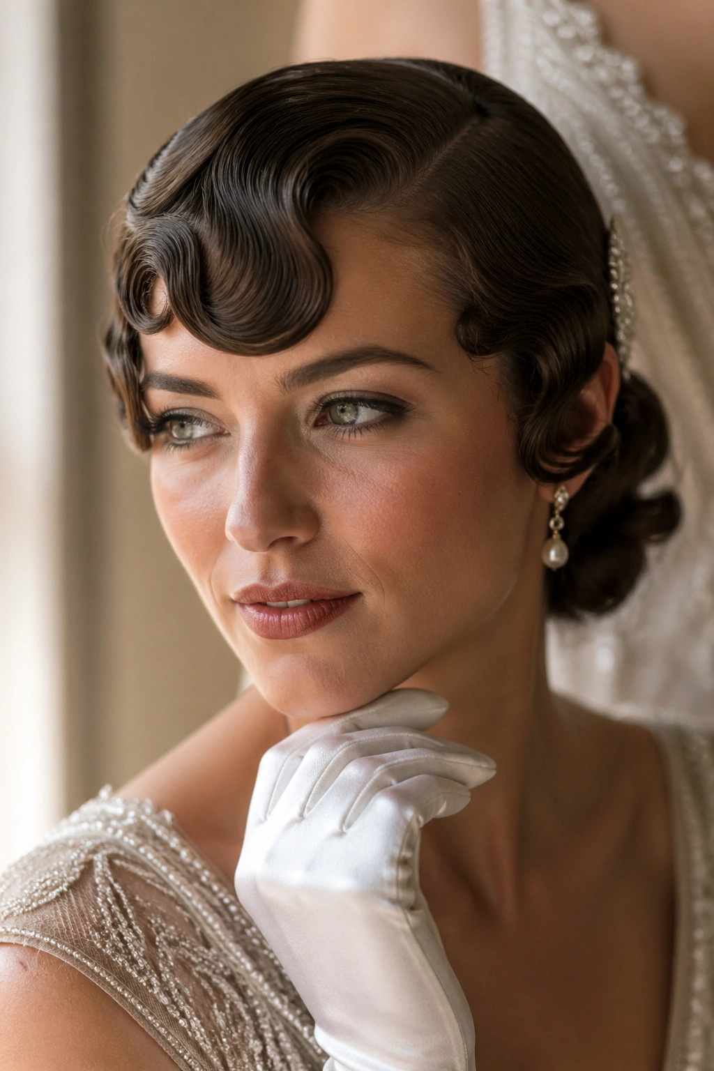 Bride with curled fringe and vintage finger waves, beaded gown background