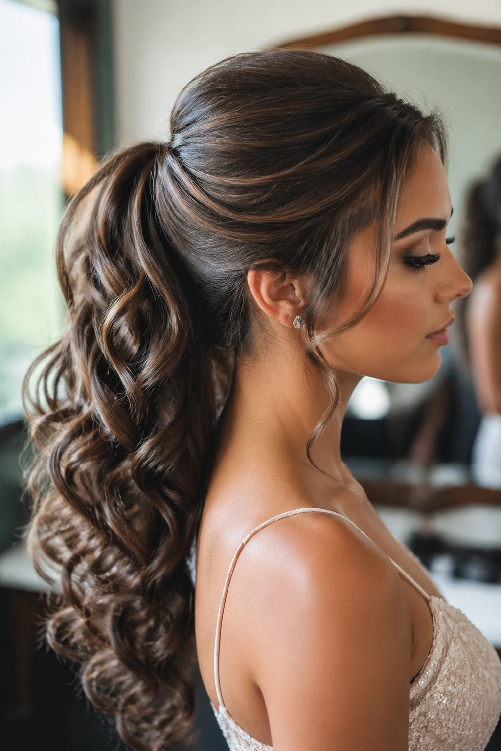 Close-up of a real woman with a long curled ponytail and hidden crown bump