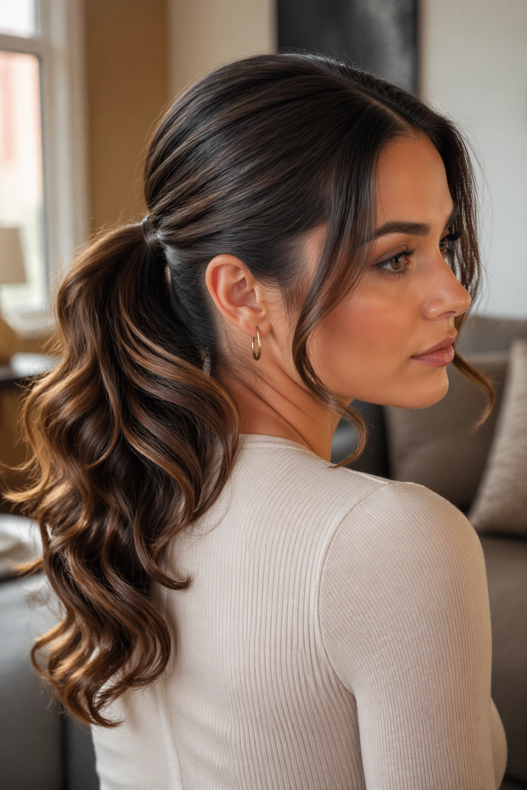 Close-up portrait of a real woman with a curled ponytail and soft ends