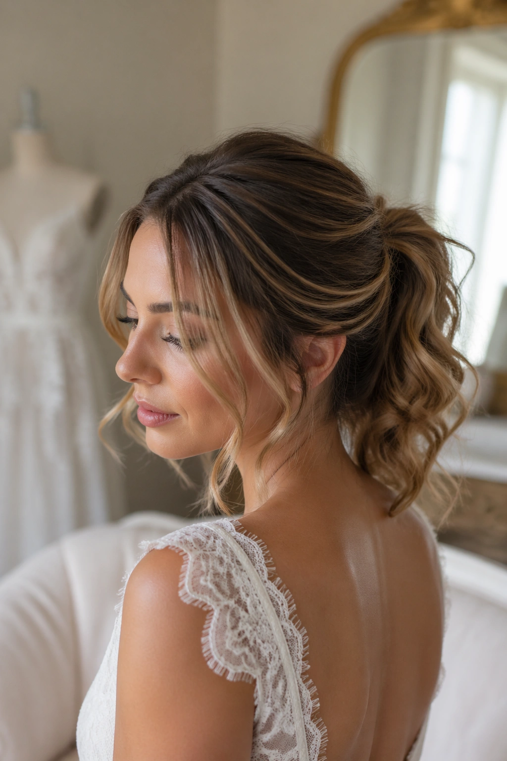 Real bride with curly ponytail and face-framing pieces