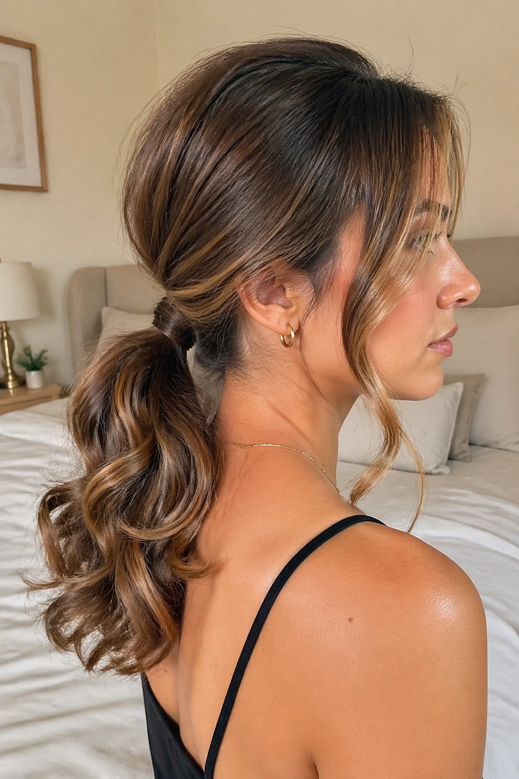 Close-up portrait of a real woman with a curled ponytail and loose waves, soft natural light