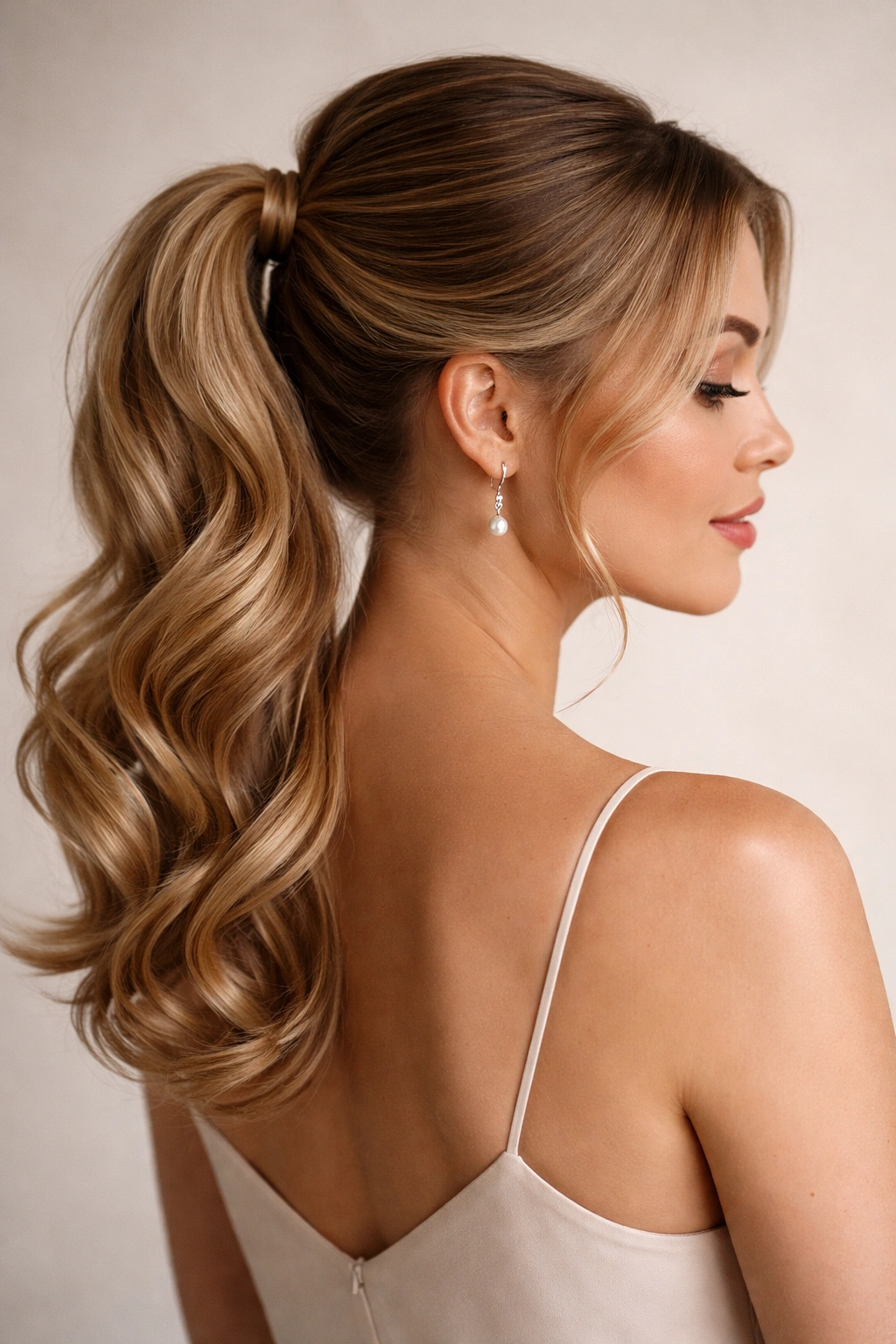 Curled ponytail with polished ends and tapered tips.