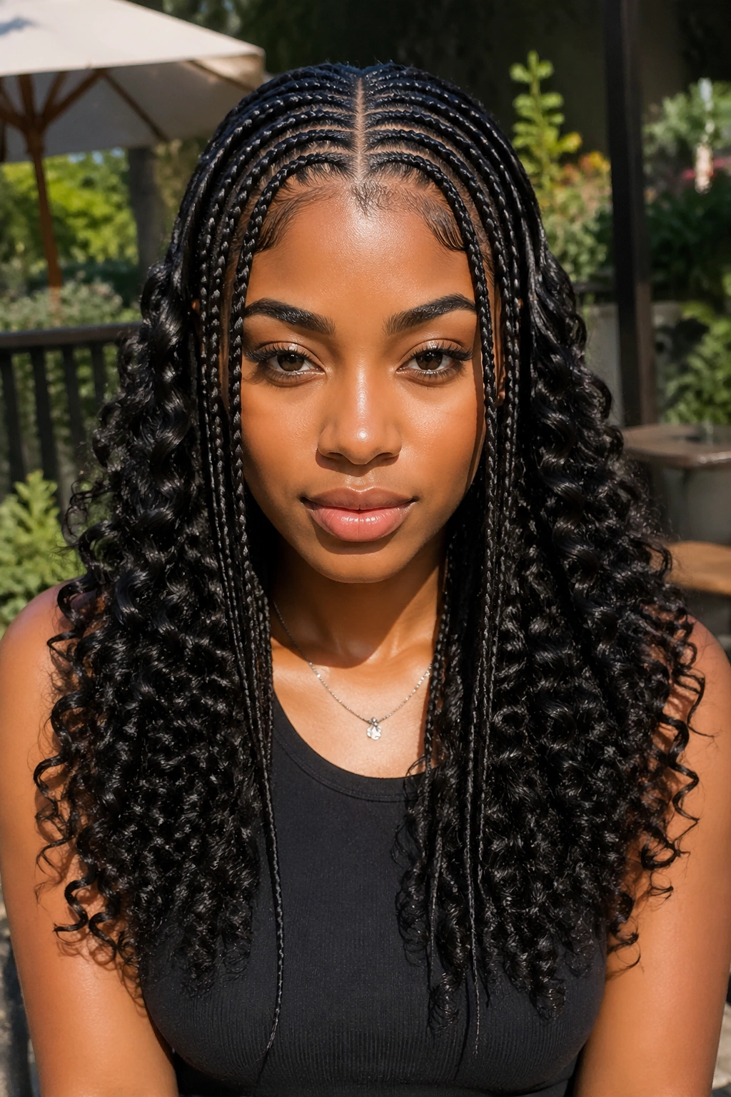 Real woman with curled sides only and straight center in feed-in braids