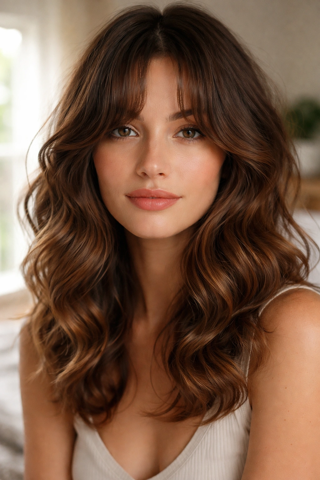 Curled-Under Curtain Bangs close-up portrait with inward-curved bangs in morning light