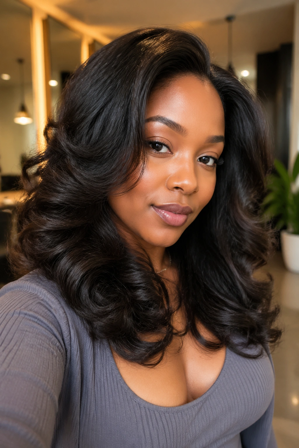 Portrait of a woman with defined body curls on silk-pressed hair.