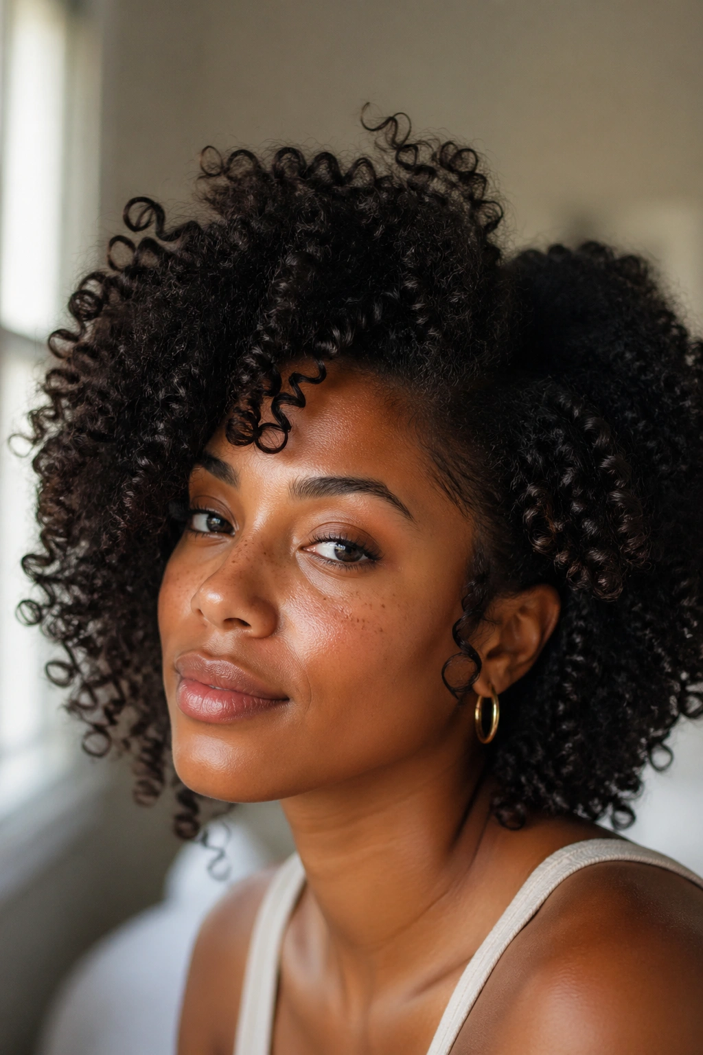 Close-up of a Black woman showing varied curl patterns on her hair in a softly lit room.