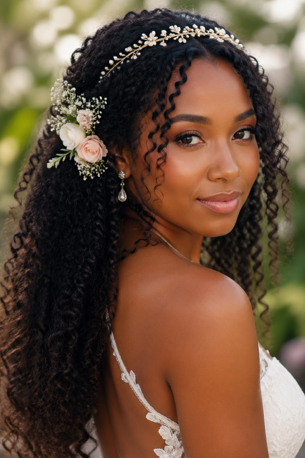 Bride with flowing curls accented by floral accents woven into the curls