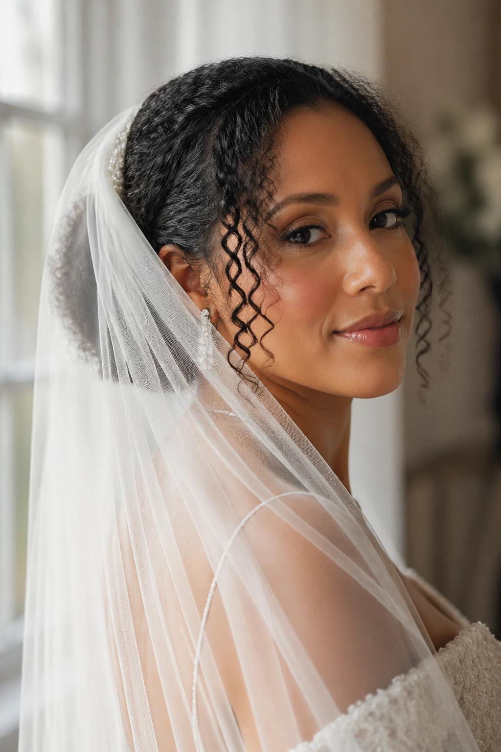 Bride with curls pulled back and dramatic drape veil in a wedding setting