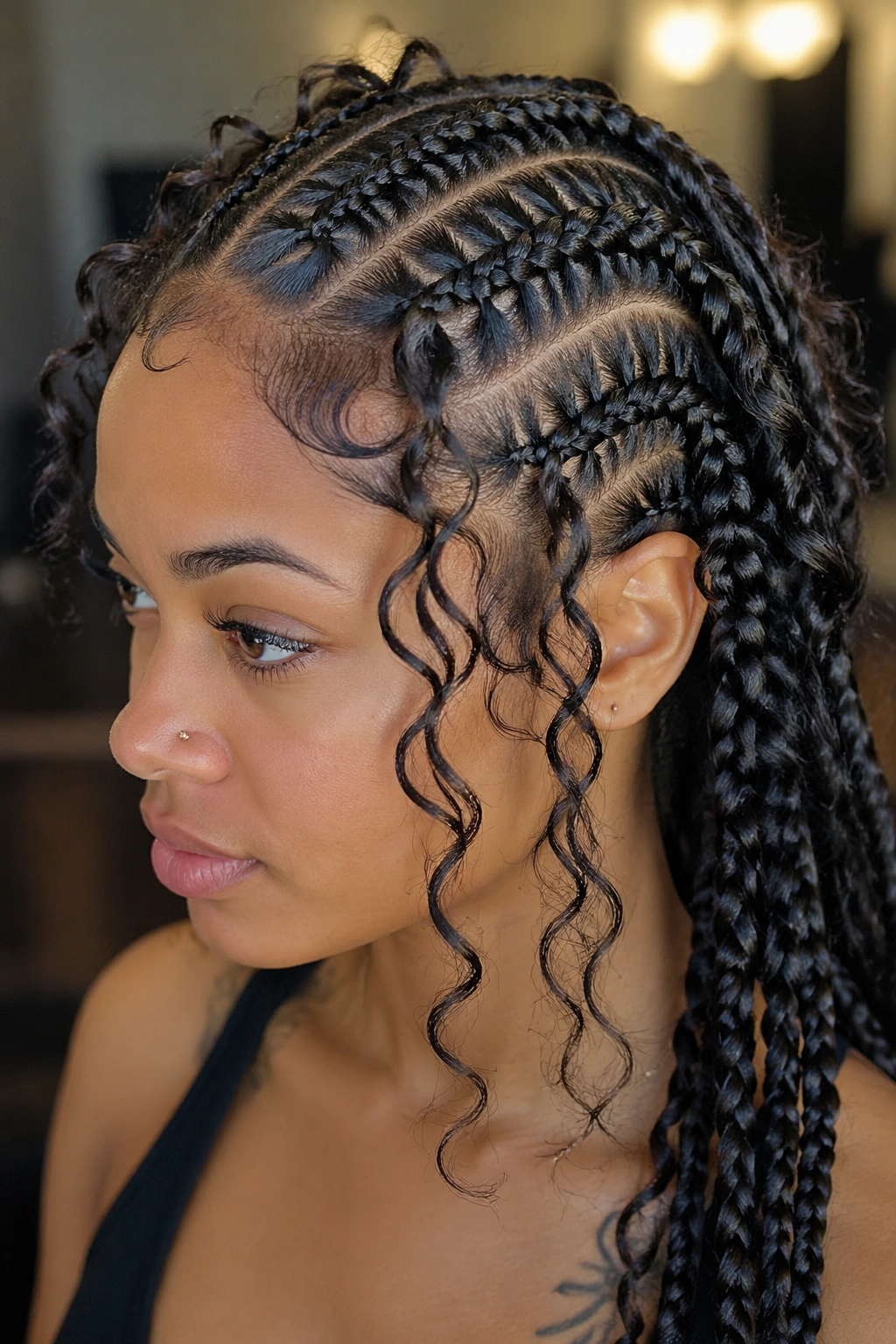 Close-up of curls integrated into butterfly cornrows, showing natural wisps and extensions on a real person.