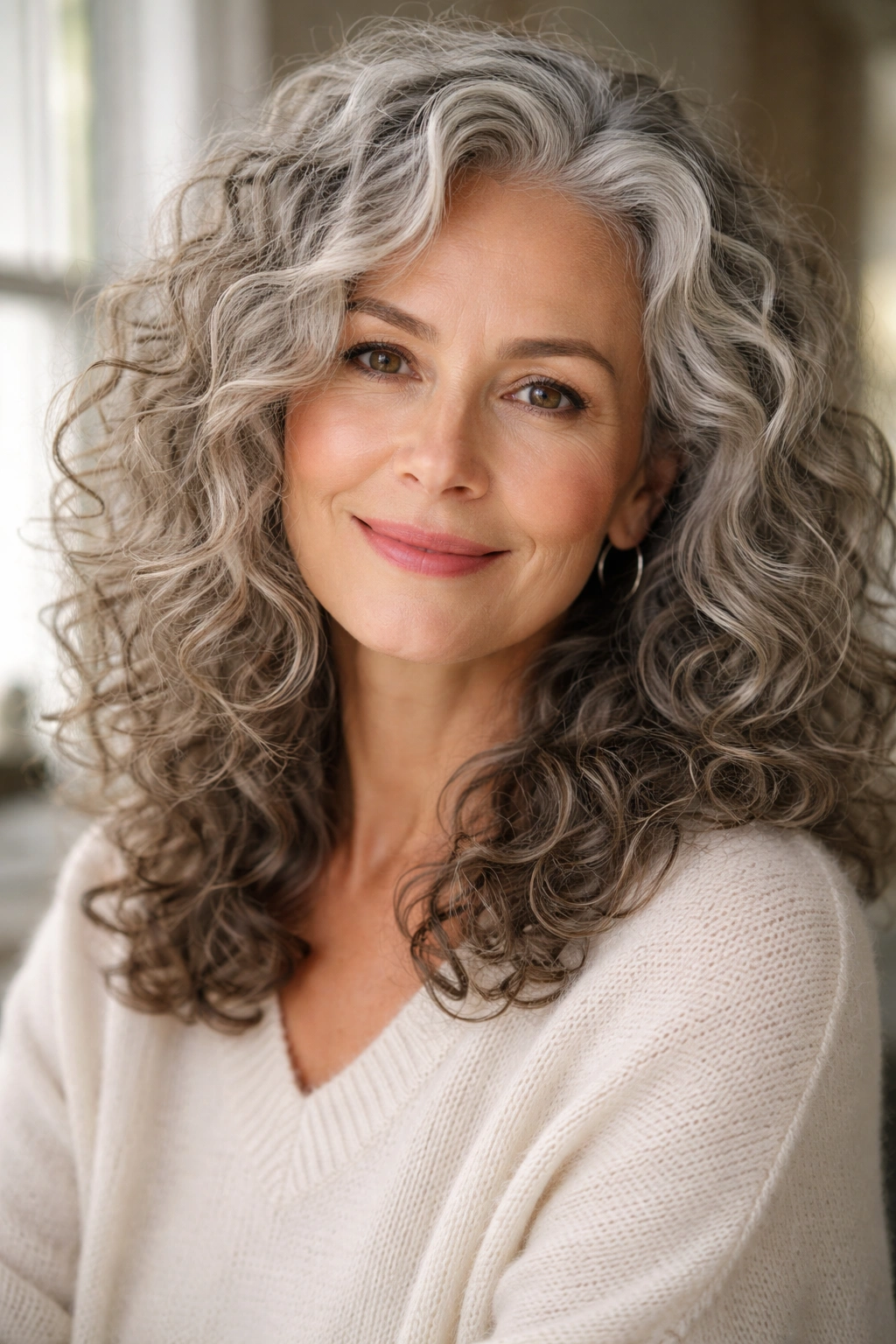 Close-up of a 50+ woman with varied grey curl patterns