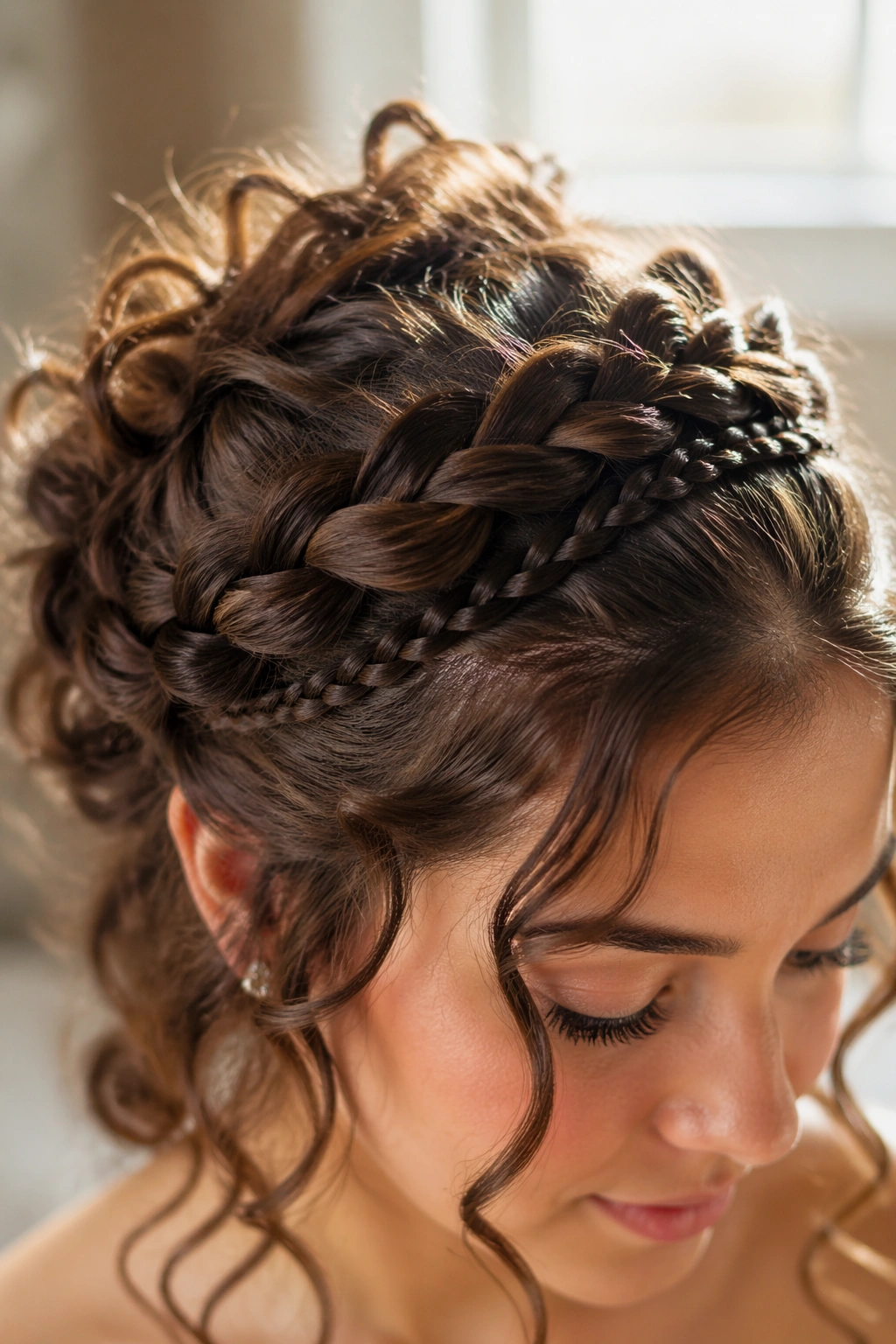 Close-up crown braid with loose curls framing the face.