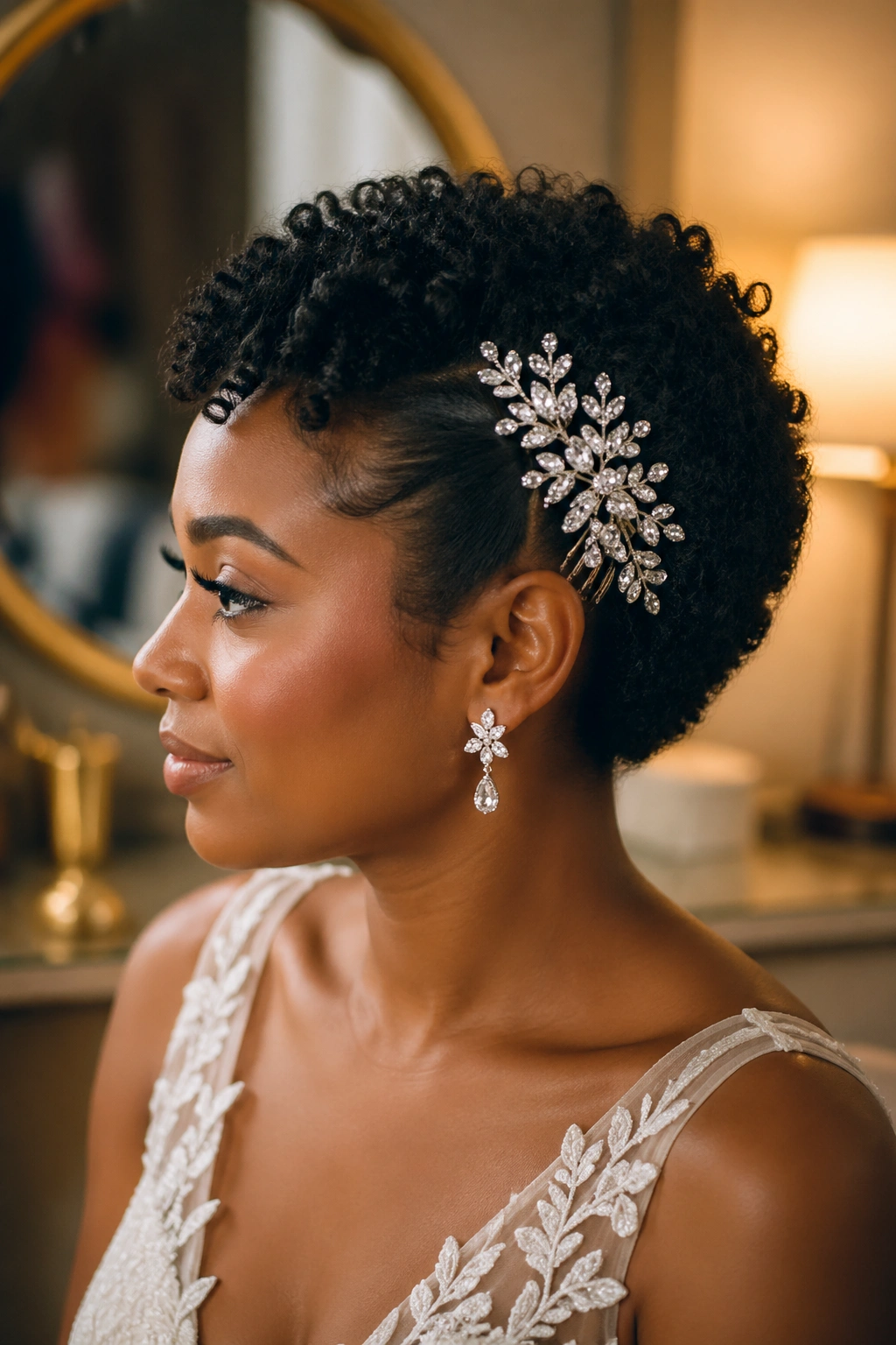 Bride with short curls and an embellished comb at the temple