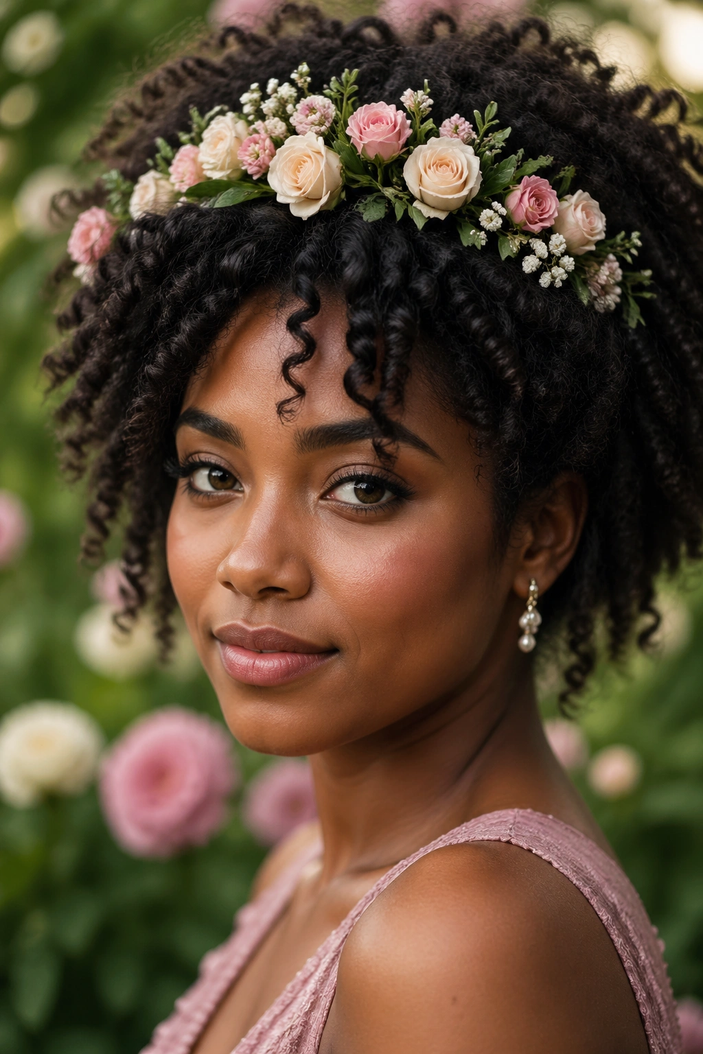 Real woman with natural curls and a floral crown in a garden