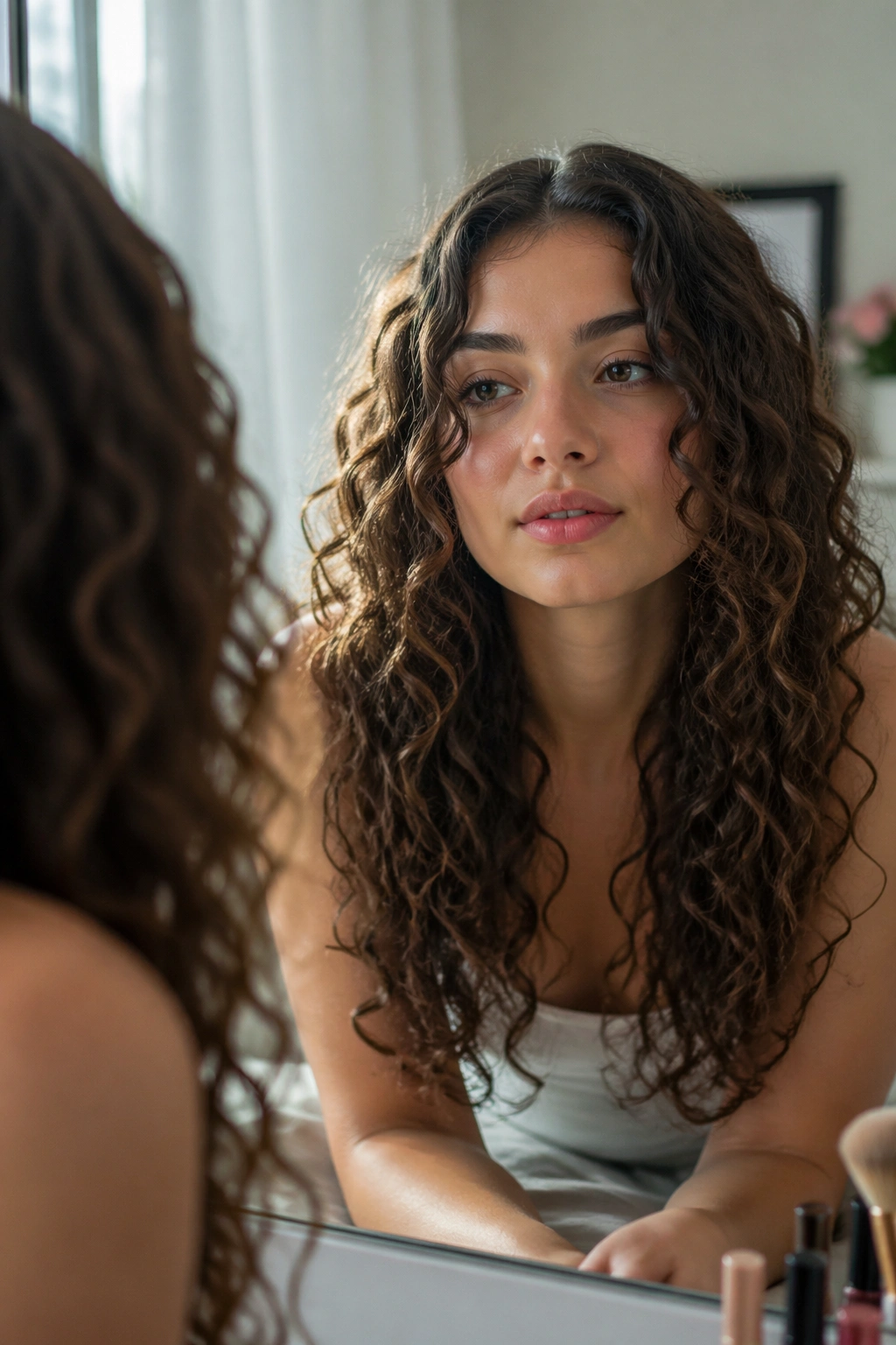 Long layered curls with a middle part, styled for senior portraits.
