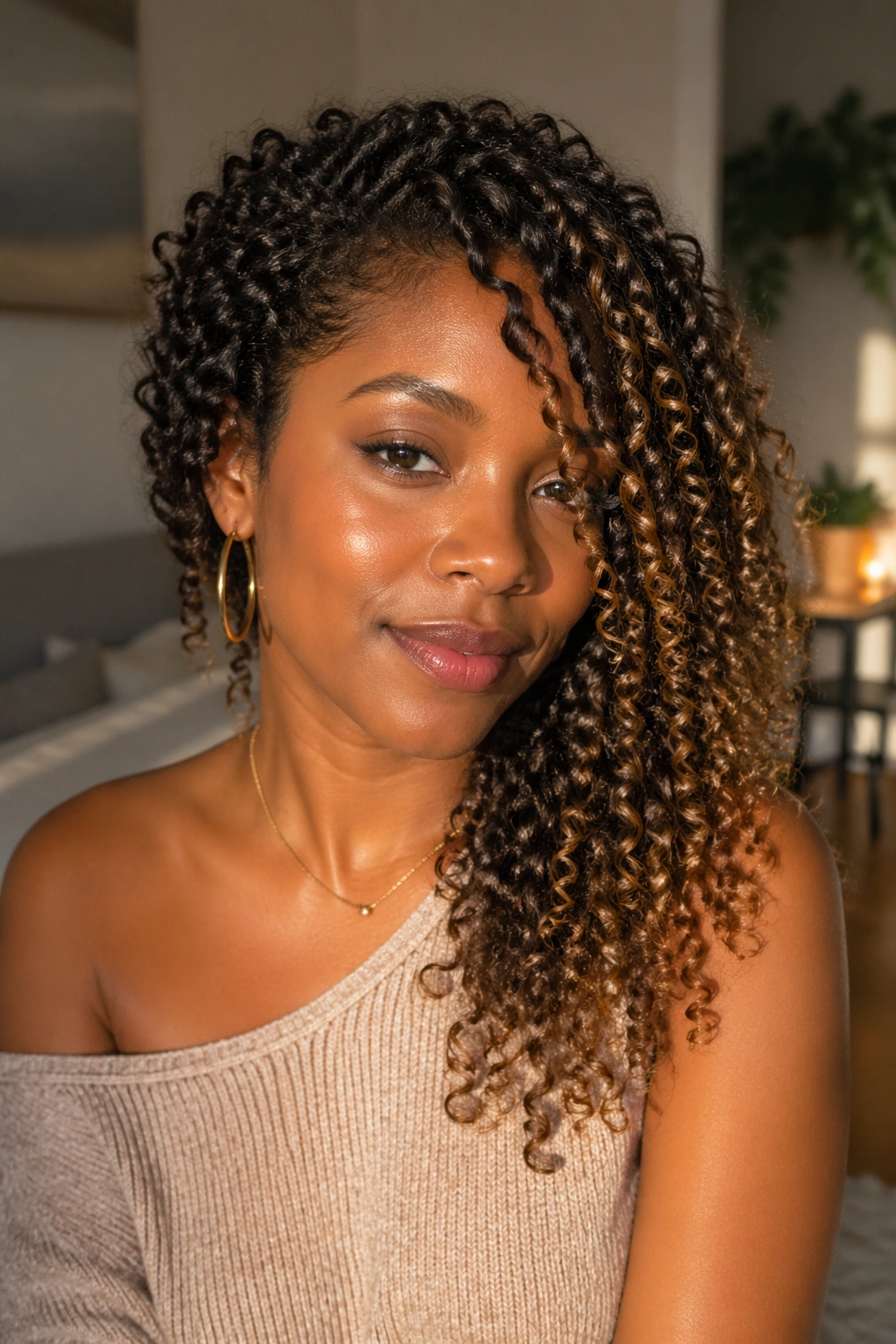 Face-framing curls swept to one shoulder on a real person