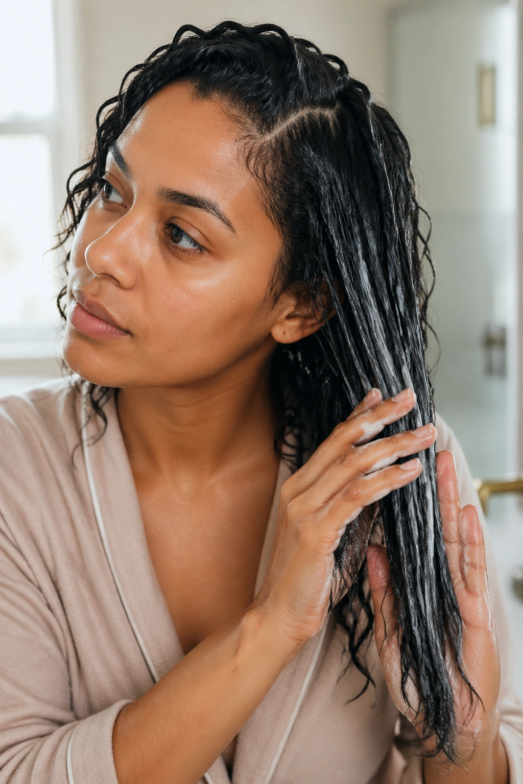 Portrait of a real person applying leave-in conditioner to damp curls in a bathroom.