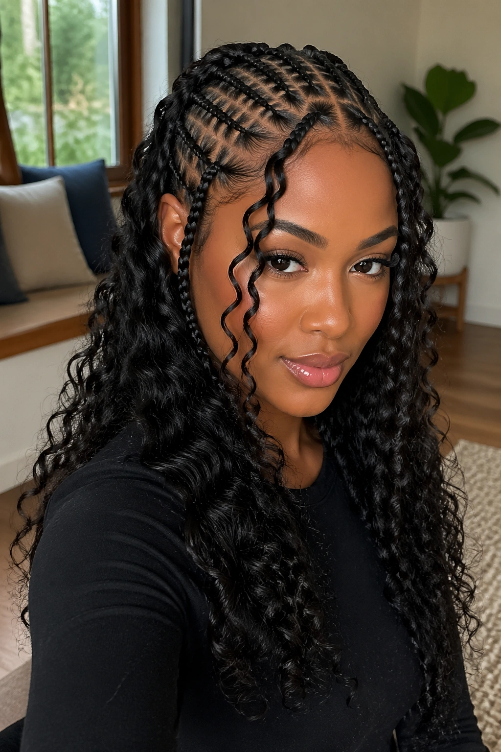 Close-up of a real woman with curls pulled forward over the shoulders