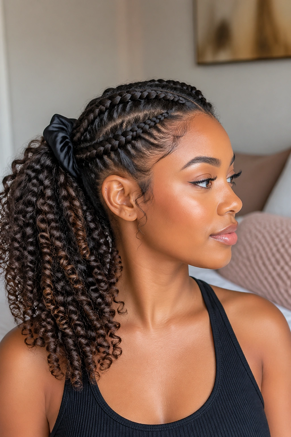Real woman with side braid and natural curly ponytail