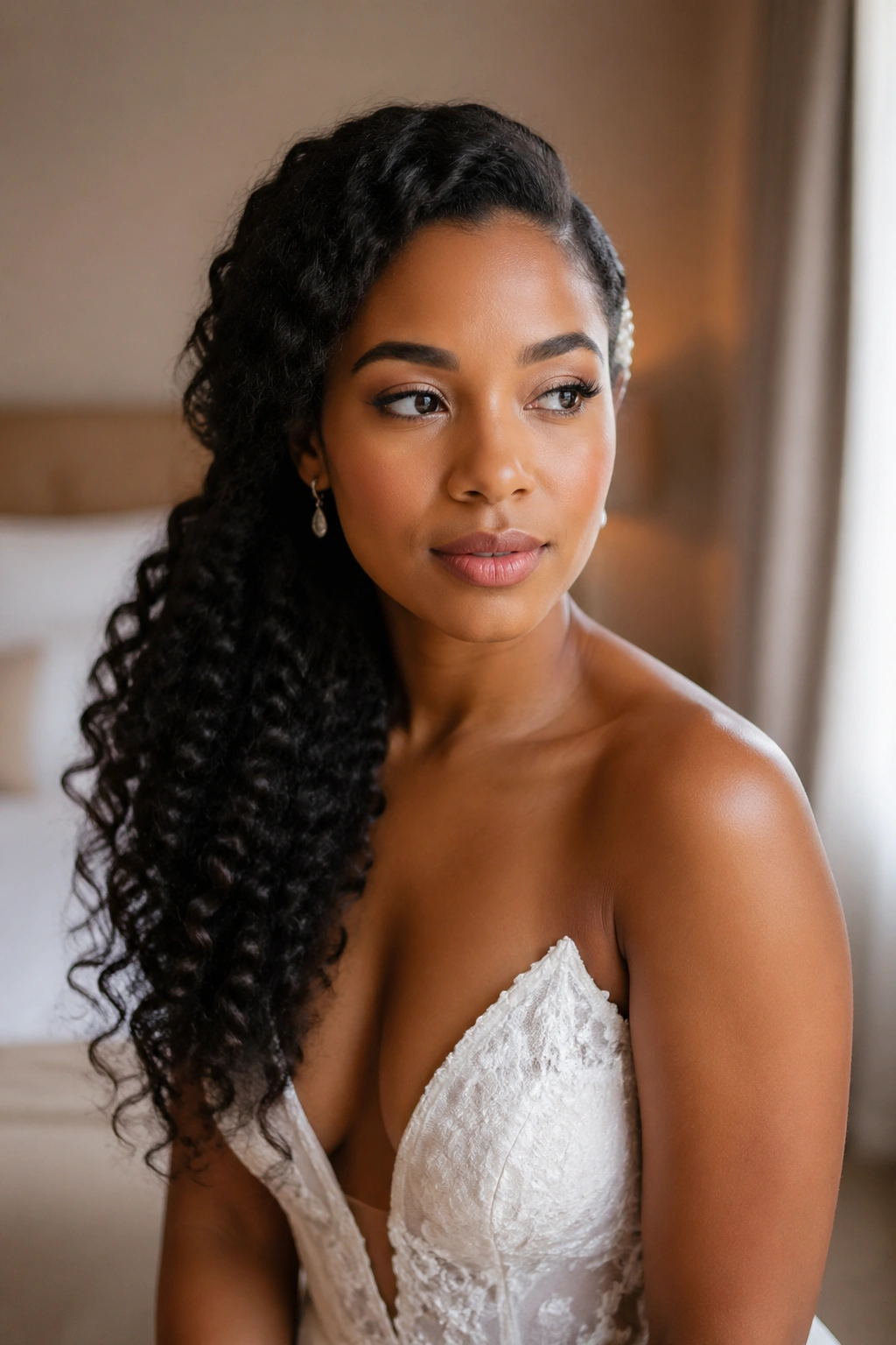 Close-up of a real bride with curls swept over one shoulder