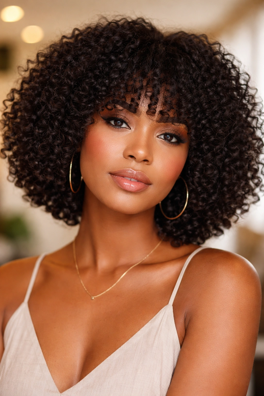 Portrait of a woman with curly afro bob and bangs indoors.