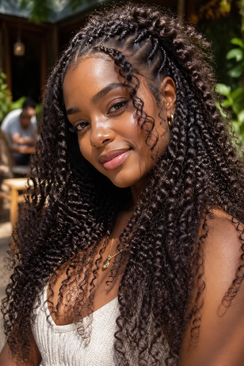 Portrait of a woman with curly Afro pondo showing voluminous coils.