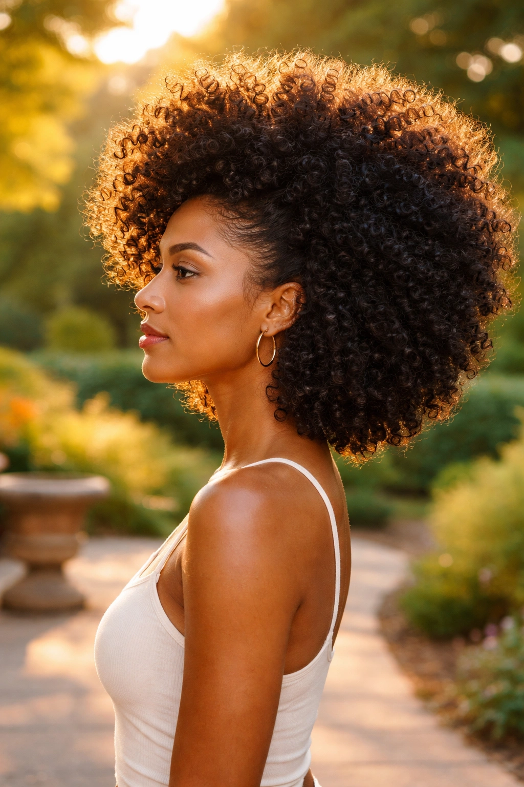 Side profile of voluminous curly afro with defined shape