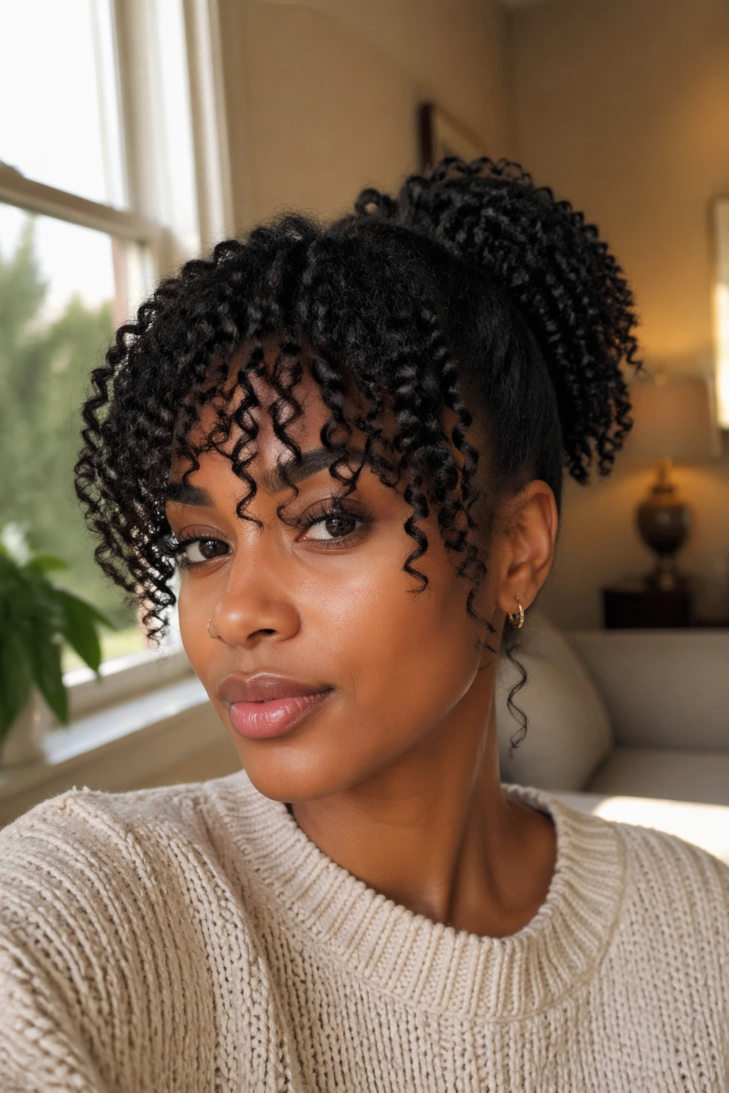 Close-up of real woman with curly bangs and a ponytail