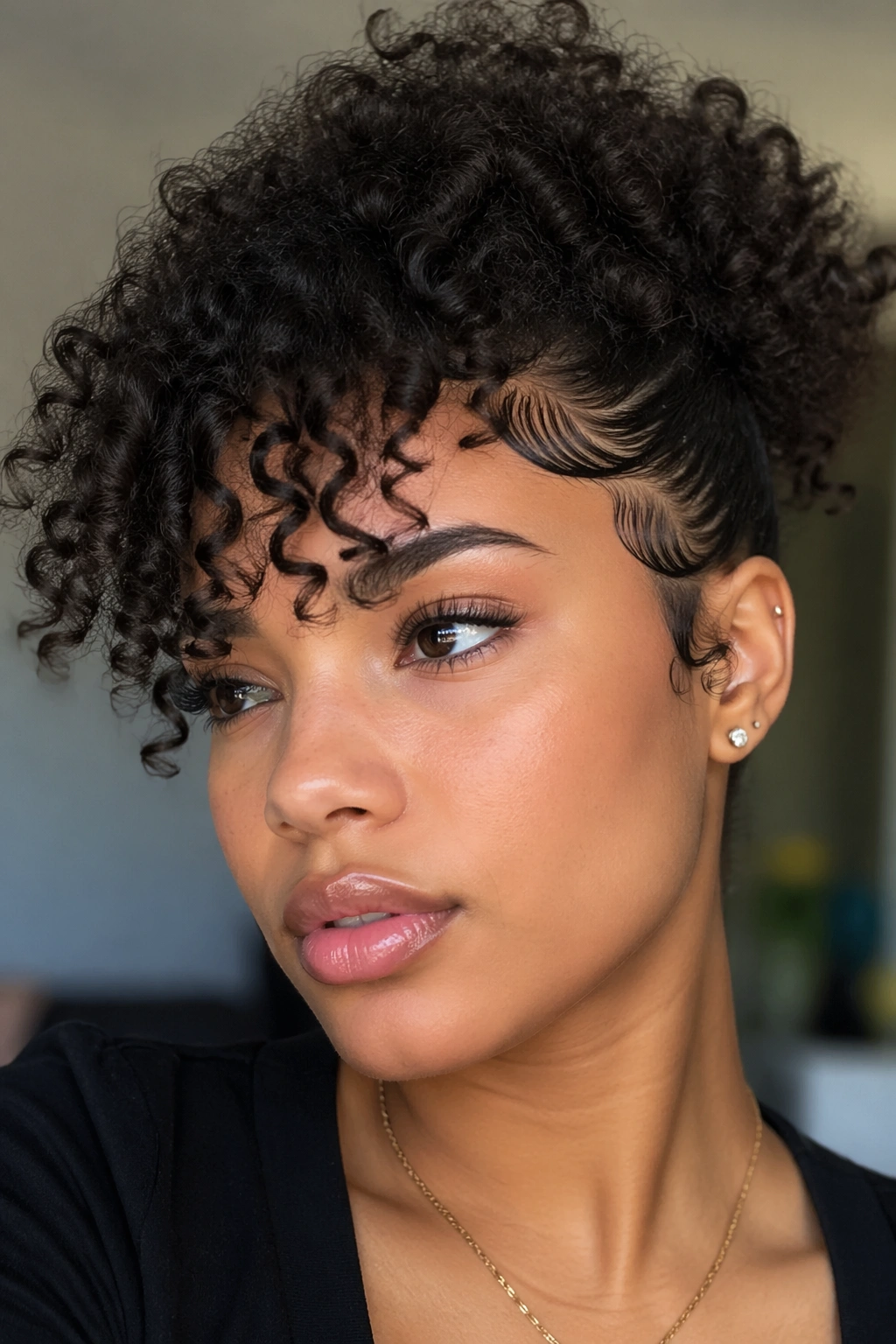 Close-up of curly bangs with laid baby hairs at temples